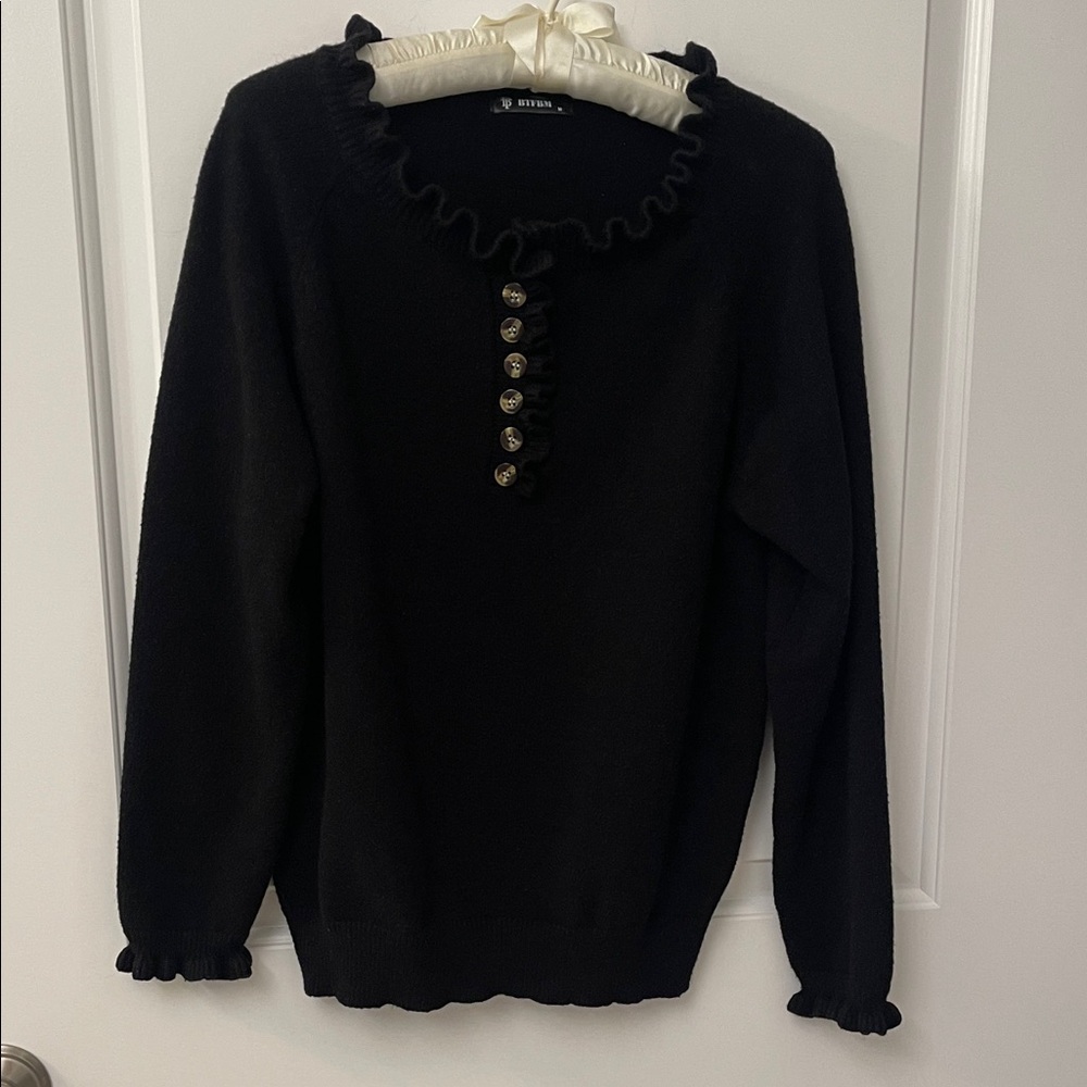 BTFBM Elegant Black Sweater with Ruffle and Button Accents